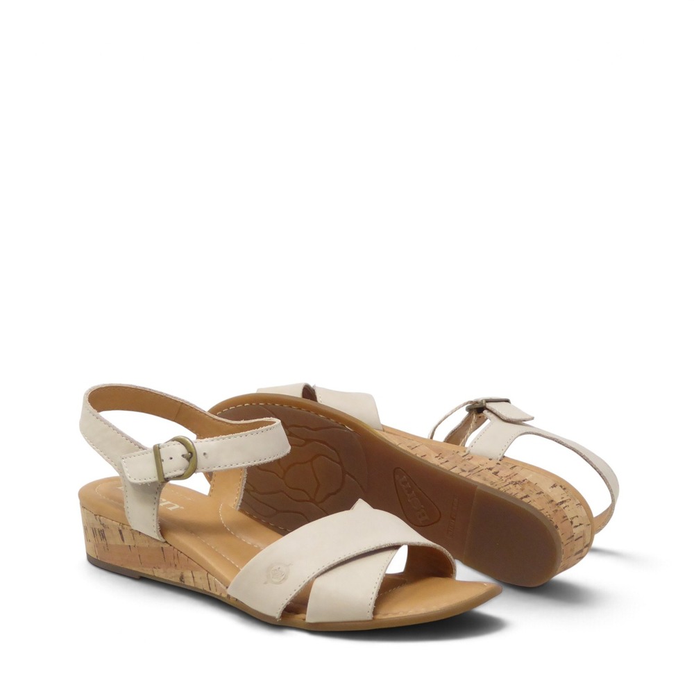 Born Women Marchelle Ankle Strap Sandals White Leather Cork Wedge Size 9